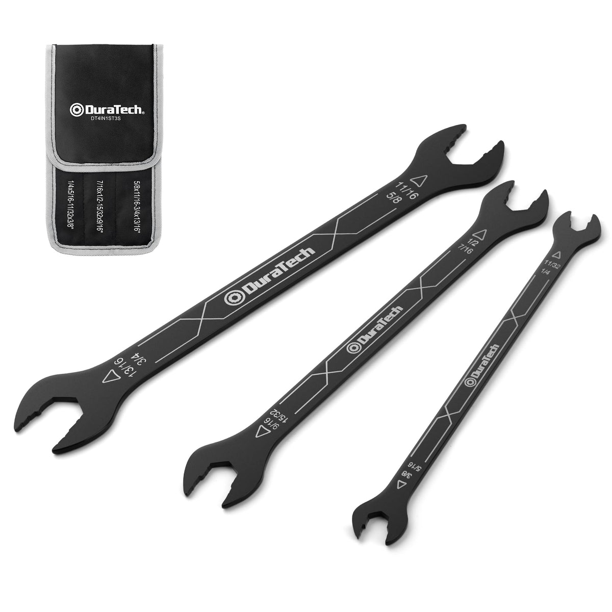 DURATECH 4-in-1 open end wrench shows 1/4 and 5/16 sizes for compact reach.
