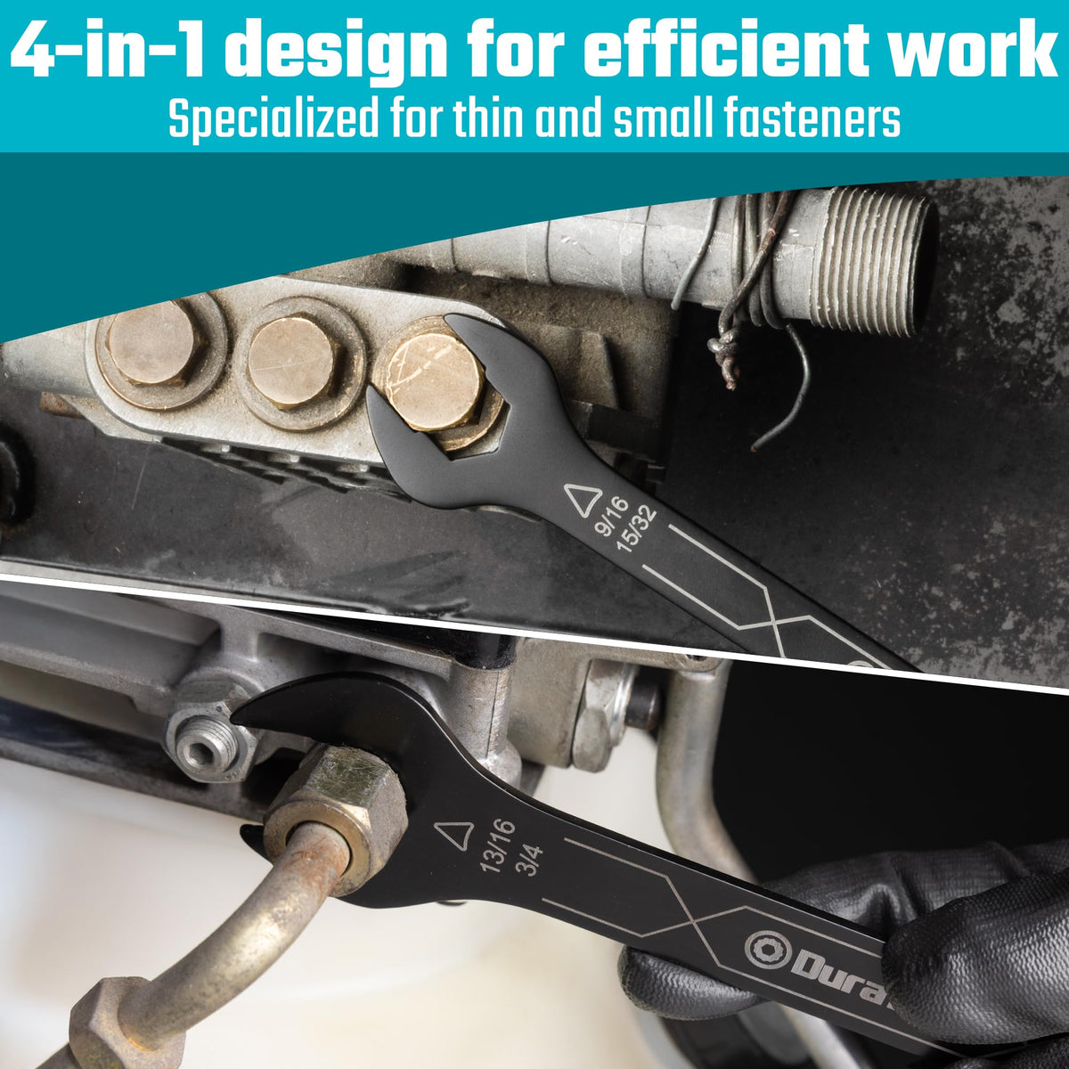 DURATECH 4-in-1 wrench with 5/8 and 11/16 sizes for heavy-duty tasks.