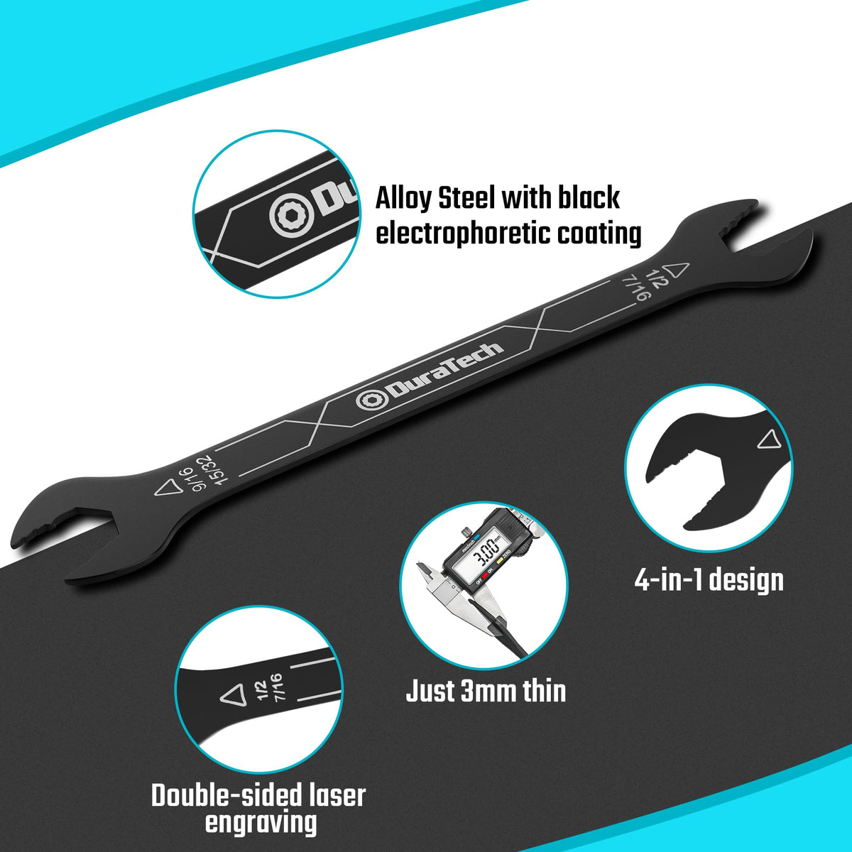 DURATECH 4-in-1 wrench features 7/16 and 1/2 sizes for versatile automotive work.