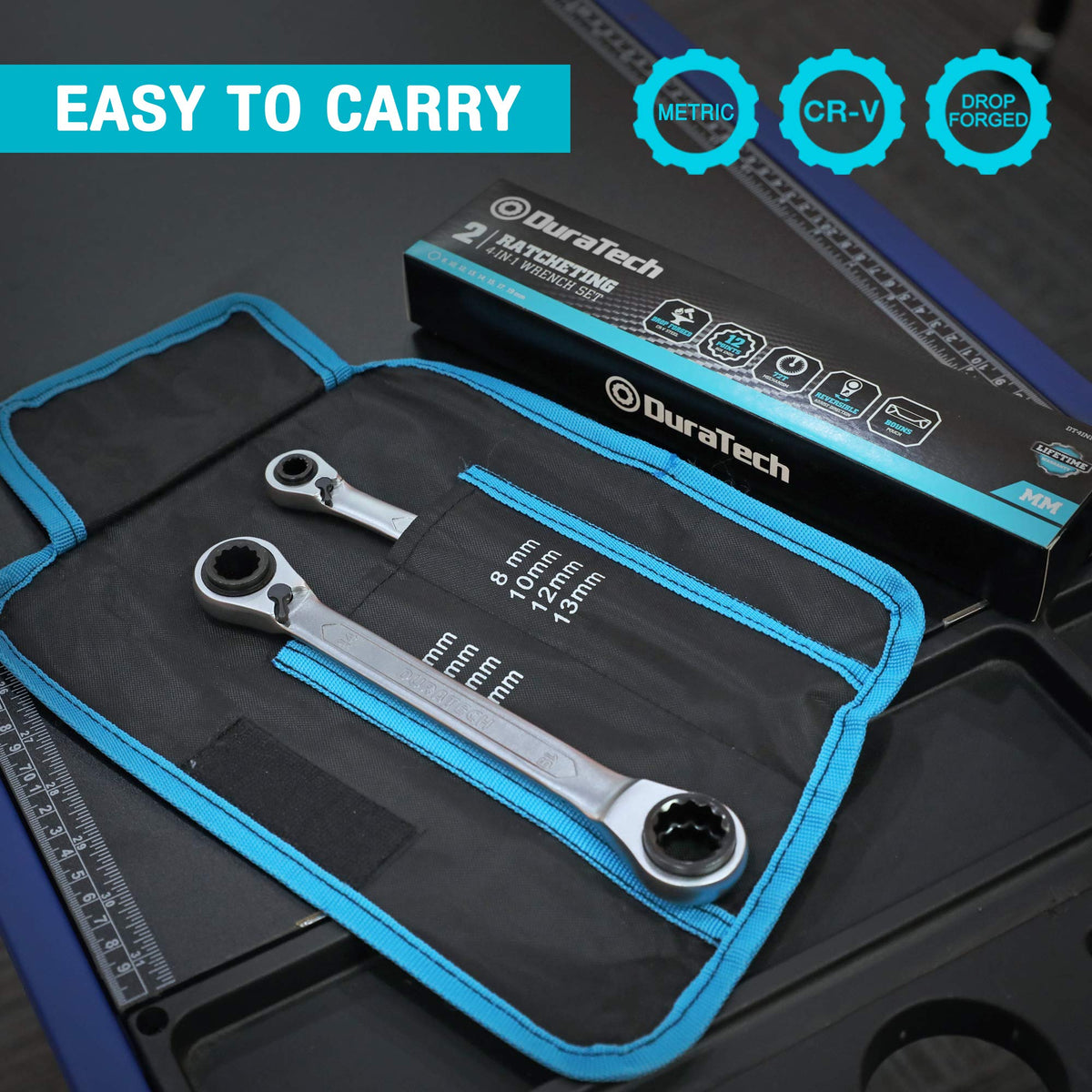 Duratech 4-in-1 reversible ratcheting box wrench 19mm end for heavy-duty fasteners.