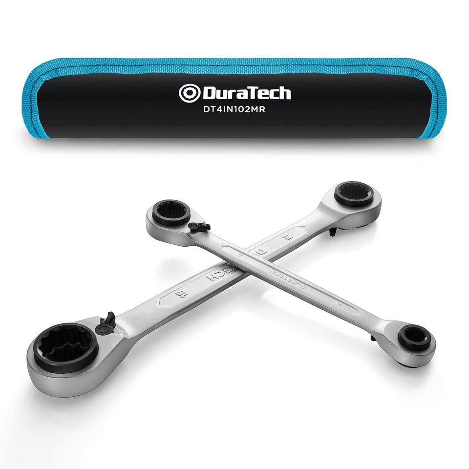 Duratech 4-in-1 reversible ratcheting box wrench 8mm end for tight-space adjustments.