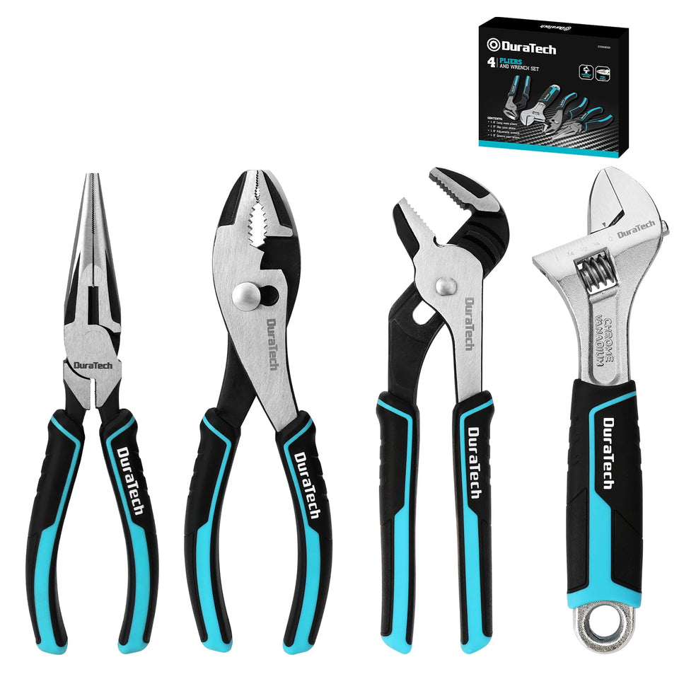 Duratech 4-piece pliers set with 8-inch long nose for precise component grip.