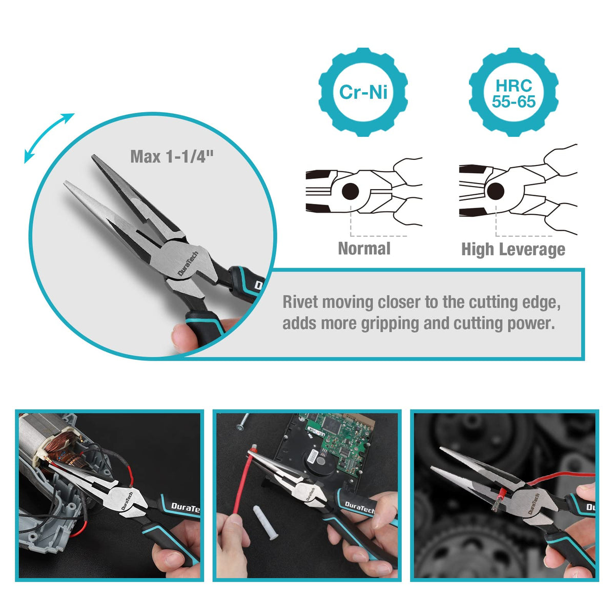 Duratech 8inch slip joint plier demonstrates versatile adjustment for different sizes.