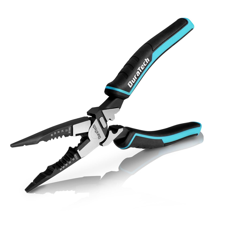 DURATECH 6-in-1 needle-nose pliers close-up showing precise jaws for wire work.