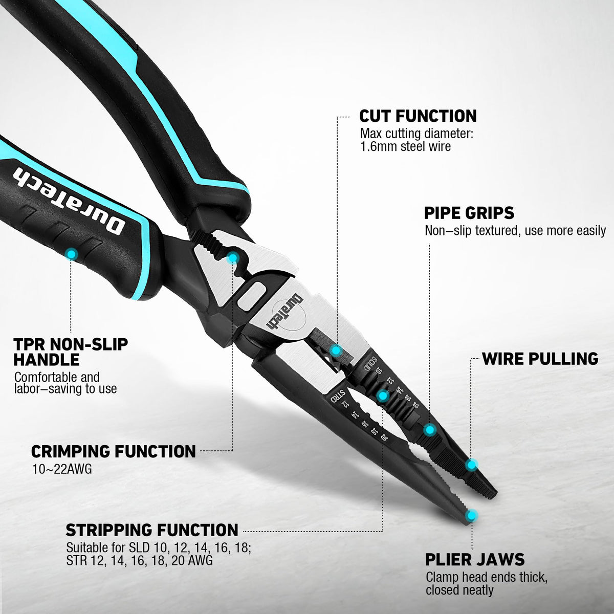DURATECH 6-in-1 needle-nose pliers cutting-edge tip for clean cuts.