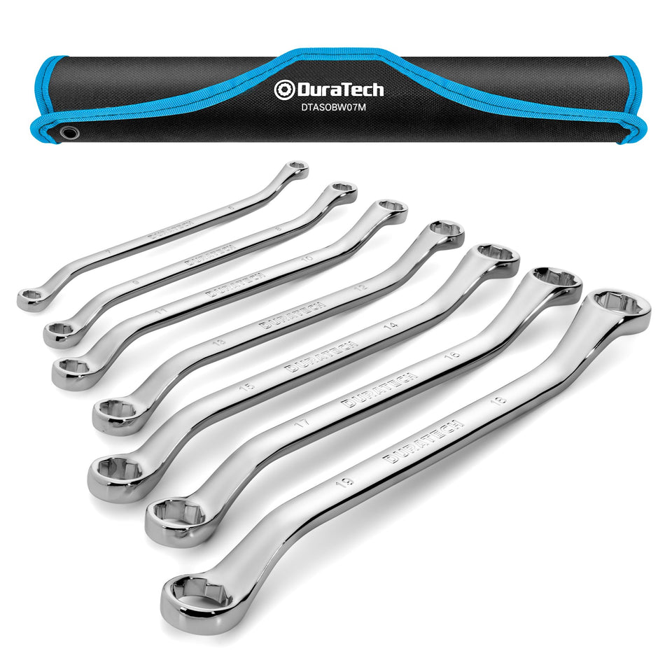 Duratech 7-piece offset wrench set with rolling pouch for organized tool storage.