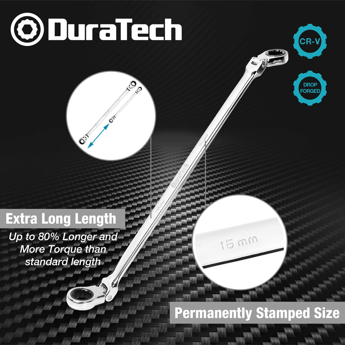 DURATECH close-up of 72-tooth ratchet gear for tight-space work.