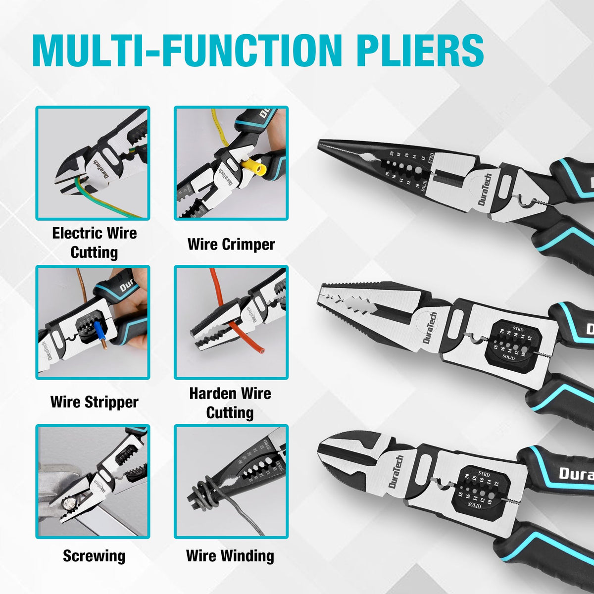 DURATECH 8.5-inch lineman pliers close-up with heavy-duty jaws