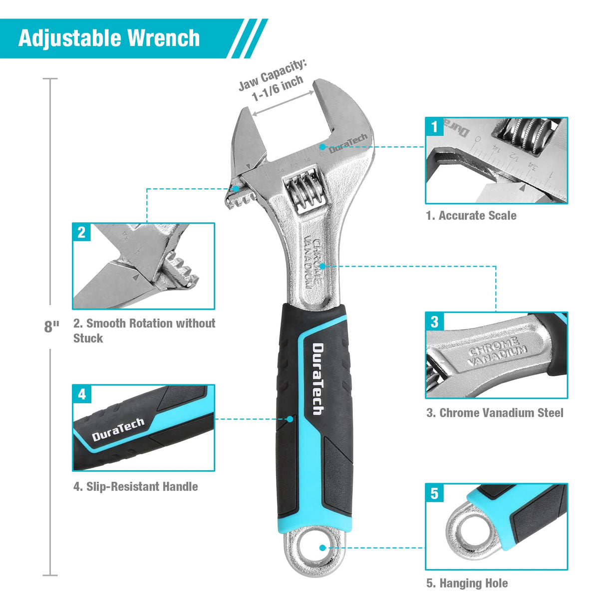 DURATECH 8-inch adjustable wrench for turning leverage.