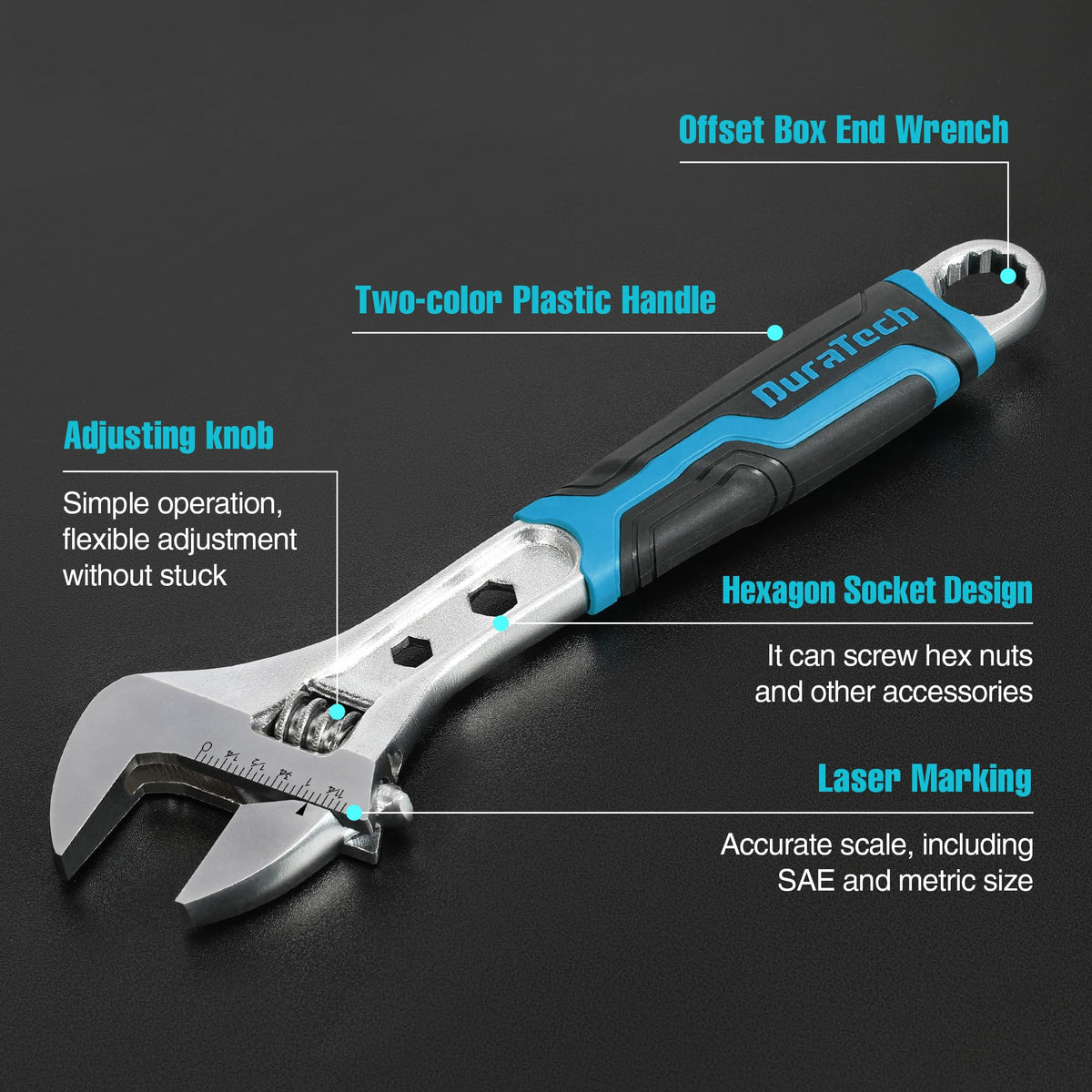 DURATECH 8-inch adjustable wrench close-up with laser-marked scales for accuracy