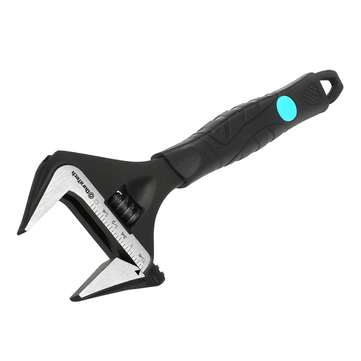 DURATECH 8-inch adjustable wrench with a wide jaw opening for large fasteners.