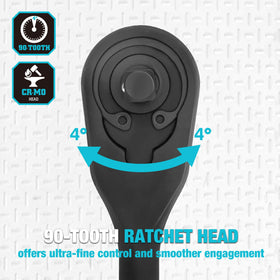Duratech 90-tooth ratchet enables smooth operation in tight spaces.
