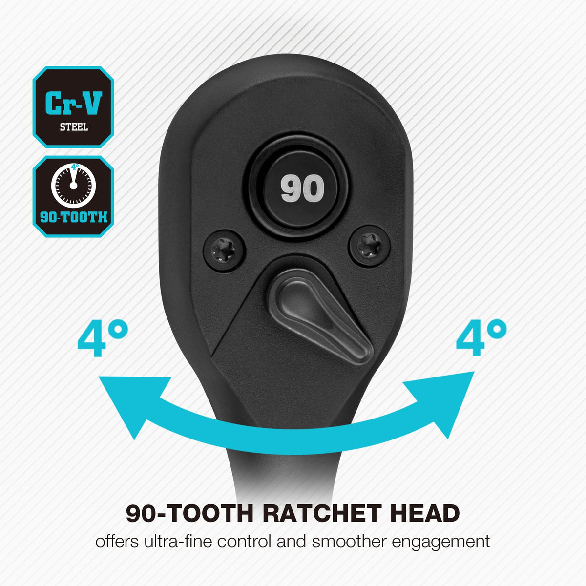 DURATECH 90-tooth ratchet enabling precise action and fast socket changes.
