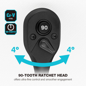 DURATECH 90-tooth ratchet enabling precise action and fast socket changes.