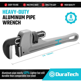 DURATECH aluminum pipe wrench with adjustable jaw for quick pipe fittings in tight spaces.