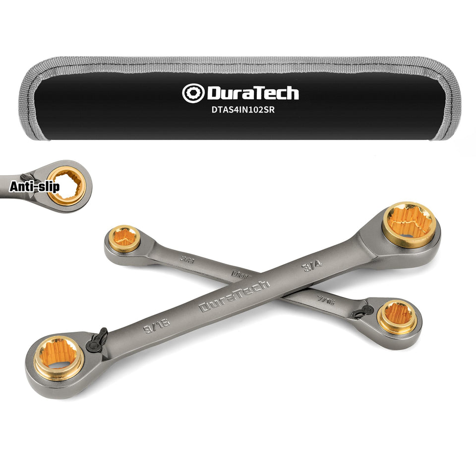 DURATECH anti-slip 4-in-1 wrench set with rolling pouch for field repairs.