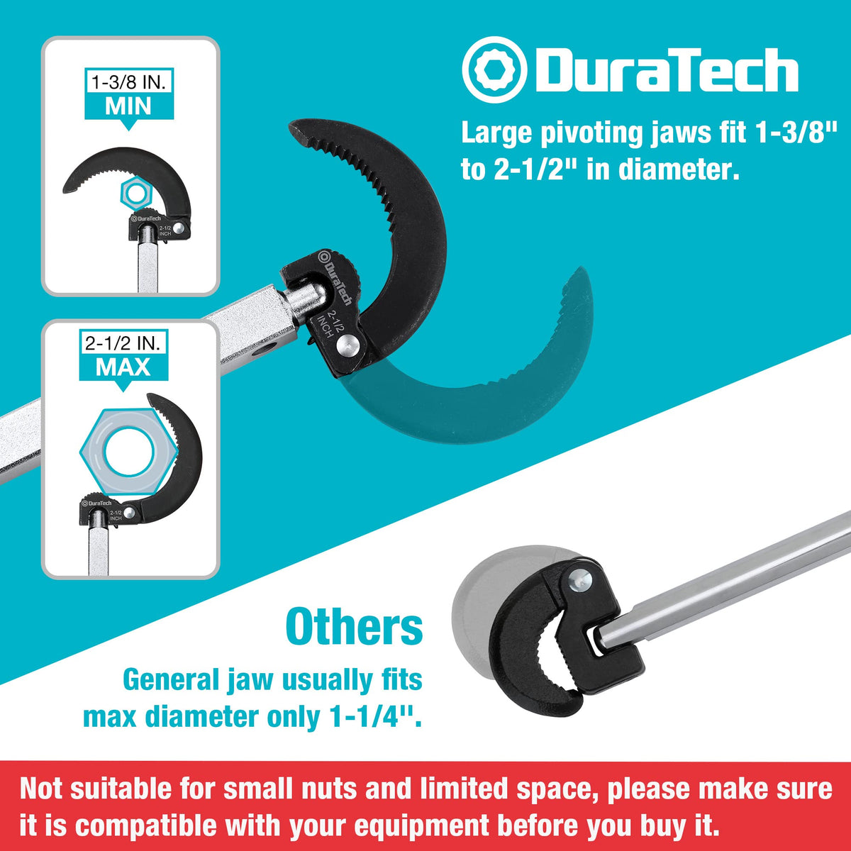 DURATECH basin wrench pivoting head grips hard-to-reach nuts securely.