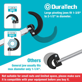 DURATECH basin wrench pivoting head grips hard-to-reach nuts securely.