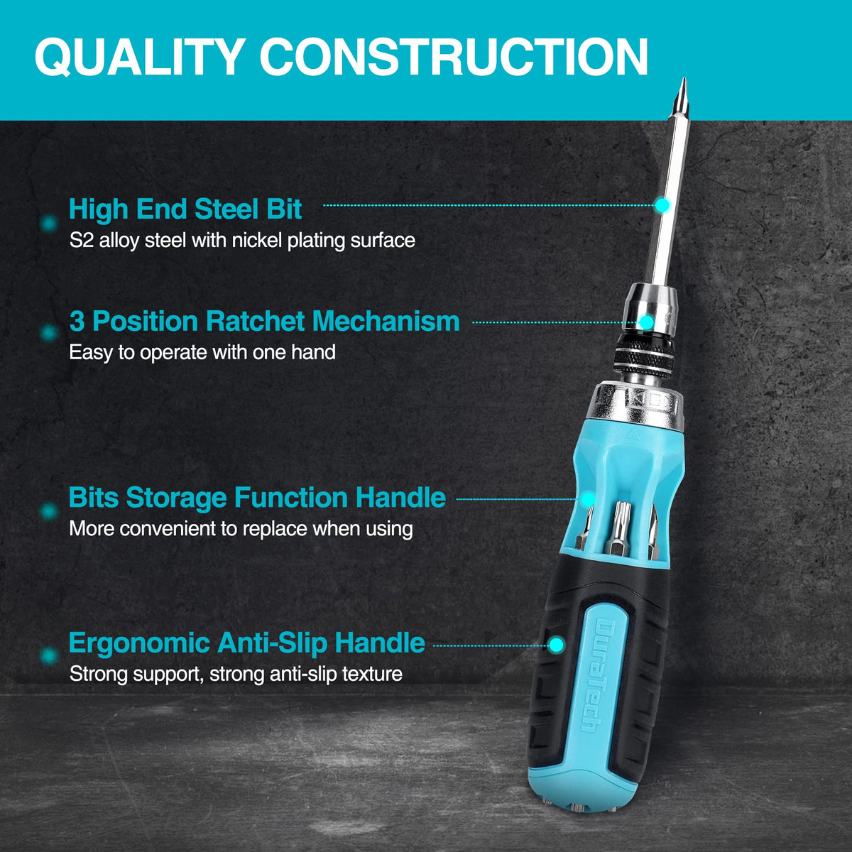 DURATECH quick-load mechanism speeds bit changes without slipping during tasks.