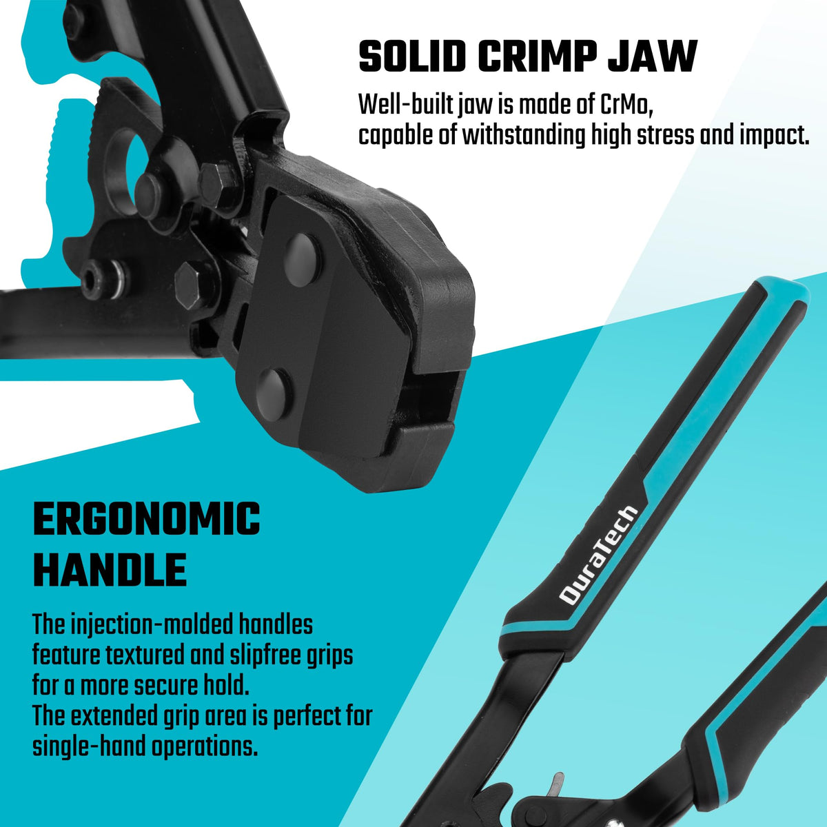 DURATECH crimping tool in use shows precise ratchet control during clamp installation.