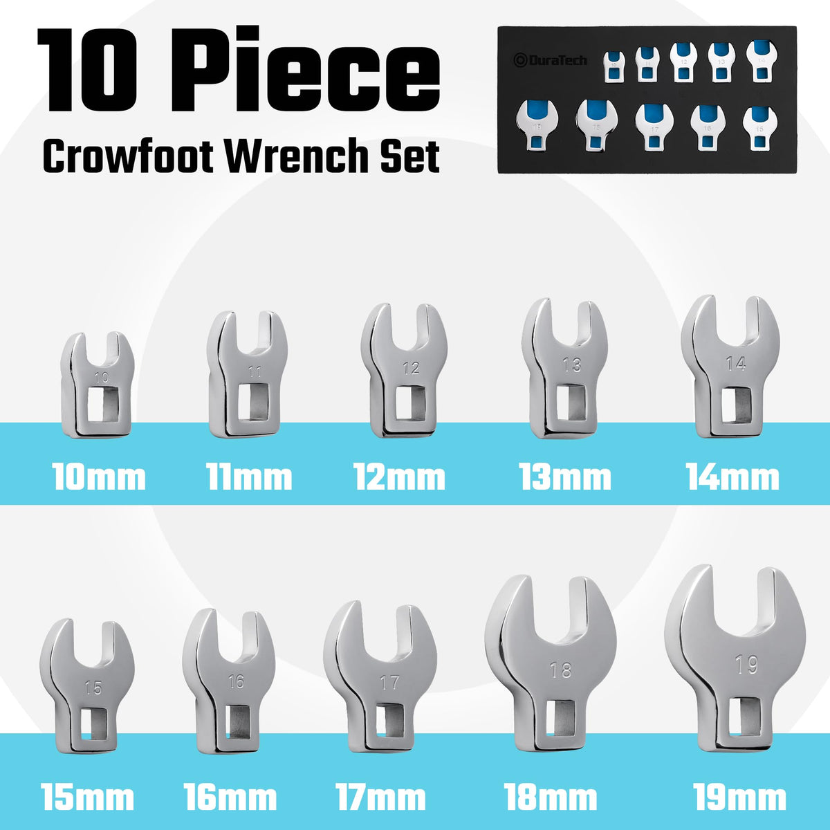 Duratech 10–19 mm crowfoot wrenches span range for versatile bolt access