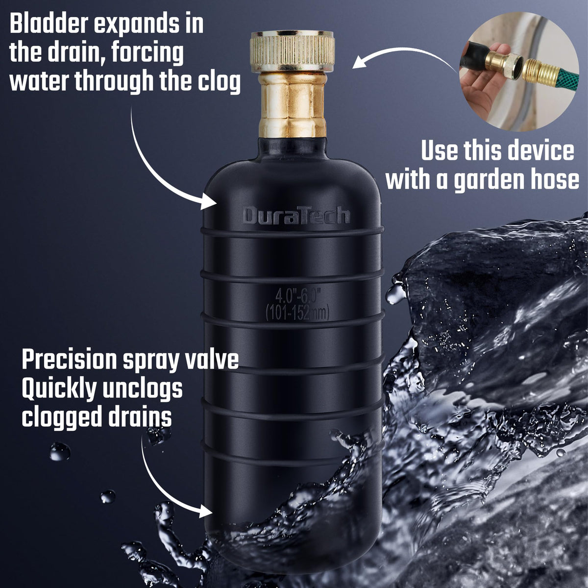 DURATECH Drain Bladder inflation demonstrates pressure to clear hair and grease safely.