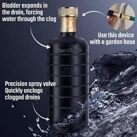 DURATECH Drain Bladder inflation demonstrates pressure to clear hair and grease safely.