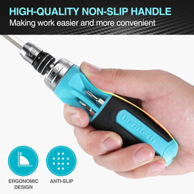 DURATECH ergonomic handle provides comfortable grip and built-in bit storage for convenience.