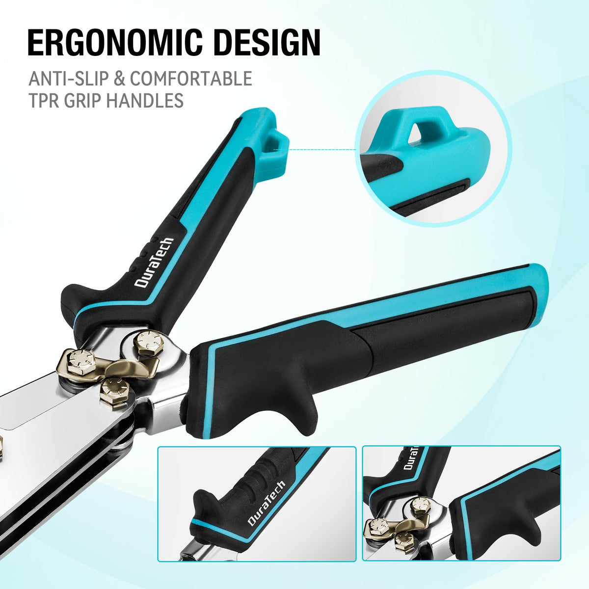 Duratech ergonomic TPR grip handles providing comfort and control.