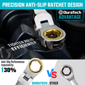 DURATECH 10-11mm wrench demonstrates precise 72-tooth gearing for small clearances.