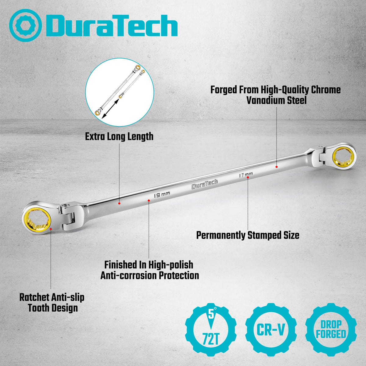DURATECH 14-15mm wrench with 180-degree flex head reaches around obstructions.