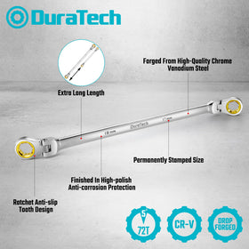 DURATECH 14-15mm wrench with 180-degree flex head reaches around obstructions.