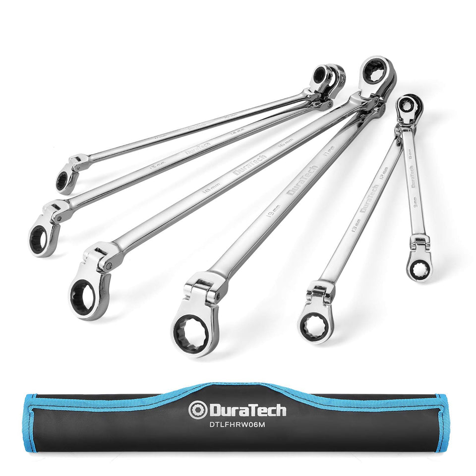 DURATECH extra-long flex-head wrench set shows extended reach and leverage.