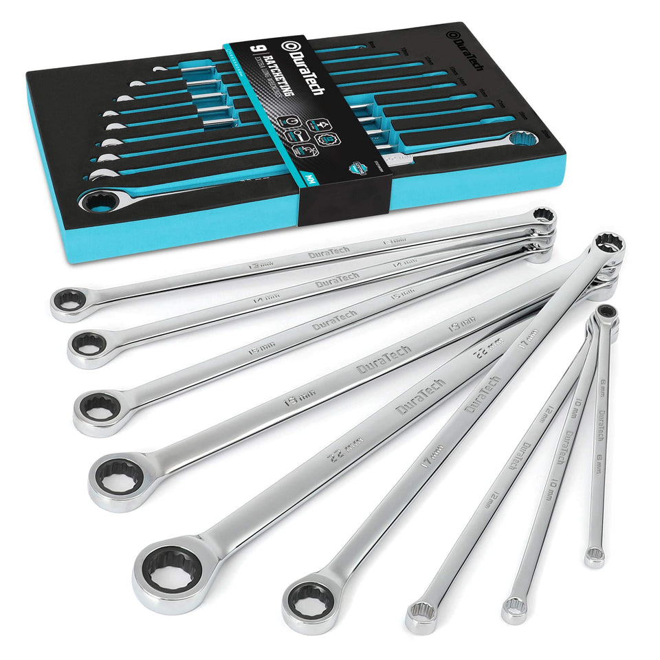 DURATECH extra-long ratcheting wrenches in-use for tight-space bolt access.