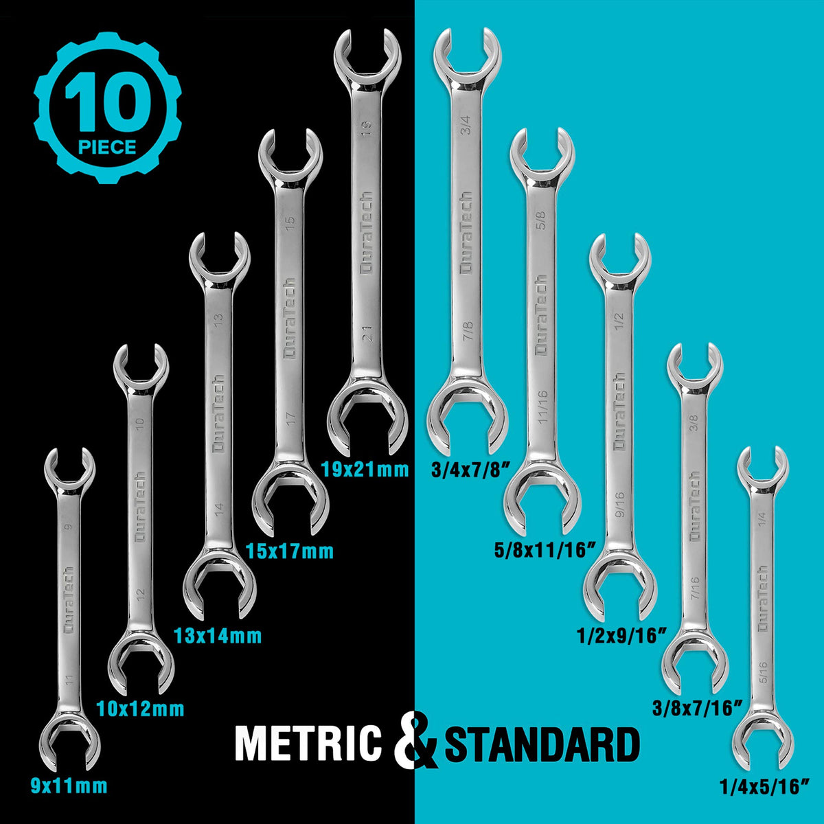 DURATECH flare nut wrenches displayed with standard and metric sizes