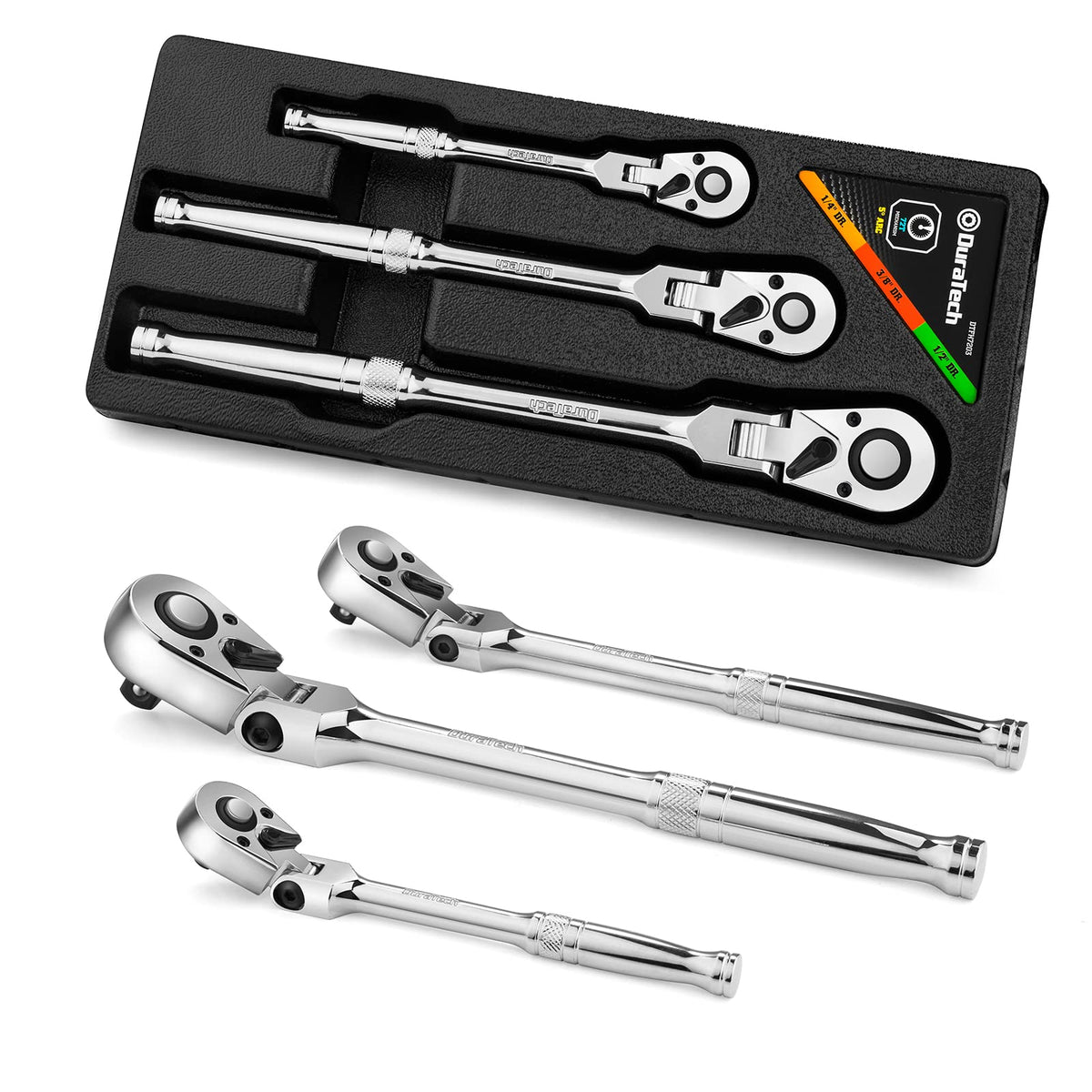 DURATECH flex-head ratchet set with 180° pivot for hard-to-reach fasteners.