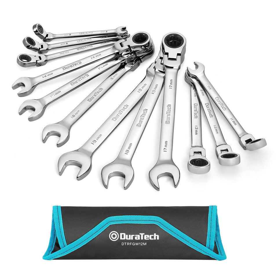 DURATECH flex-head wrenches laid out for 8–19 mm range, ready for tight spots.