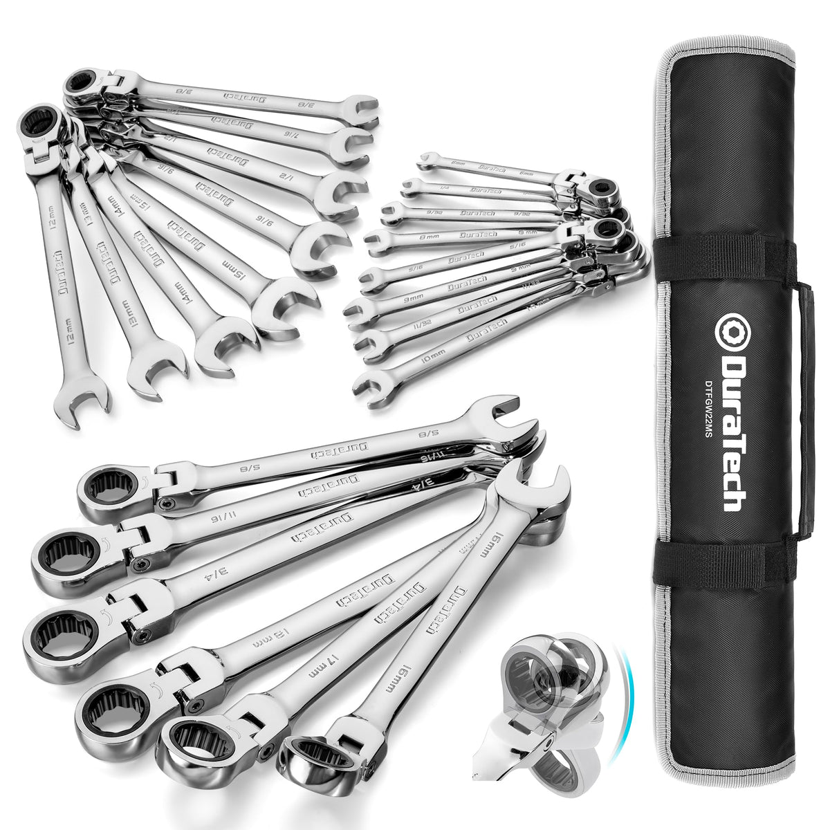 DURATECH flex-head wrench angle rotation for tight spaces.