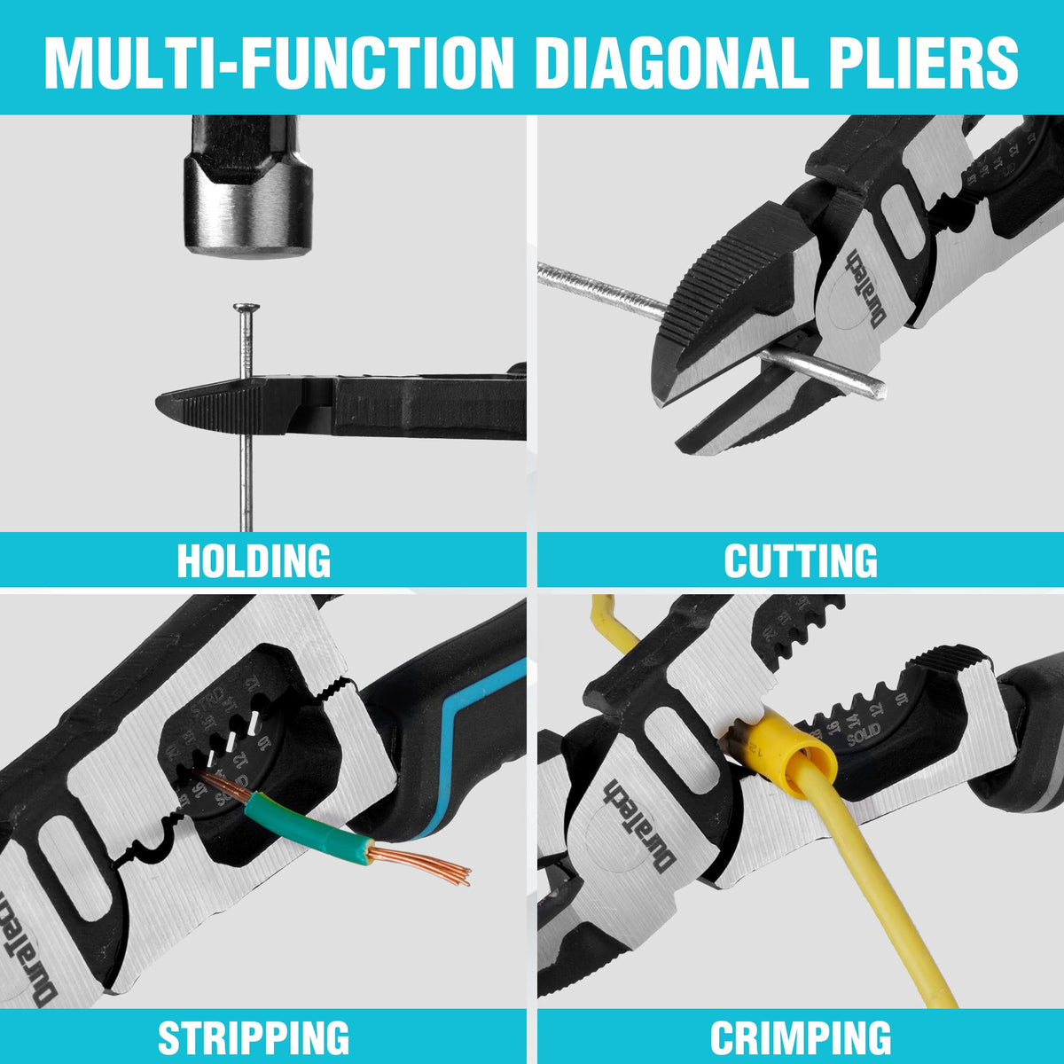 DURATECH diagonal pliers with hardened edge and blackened finish for durability.