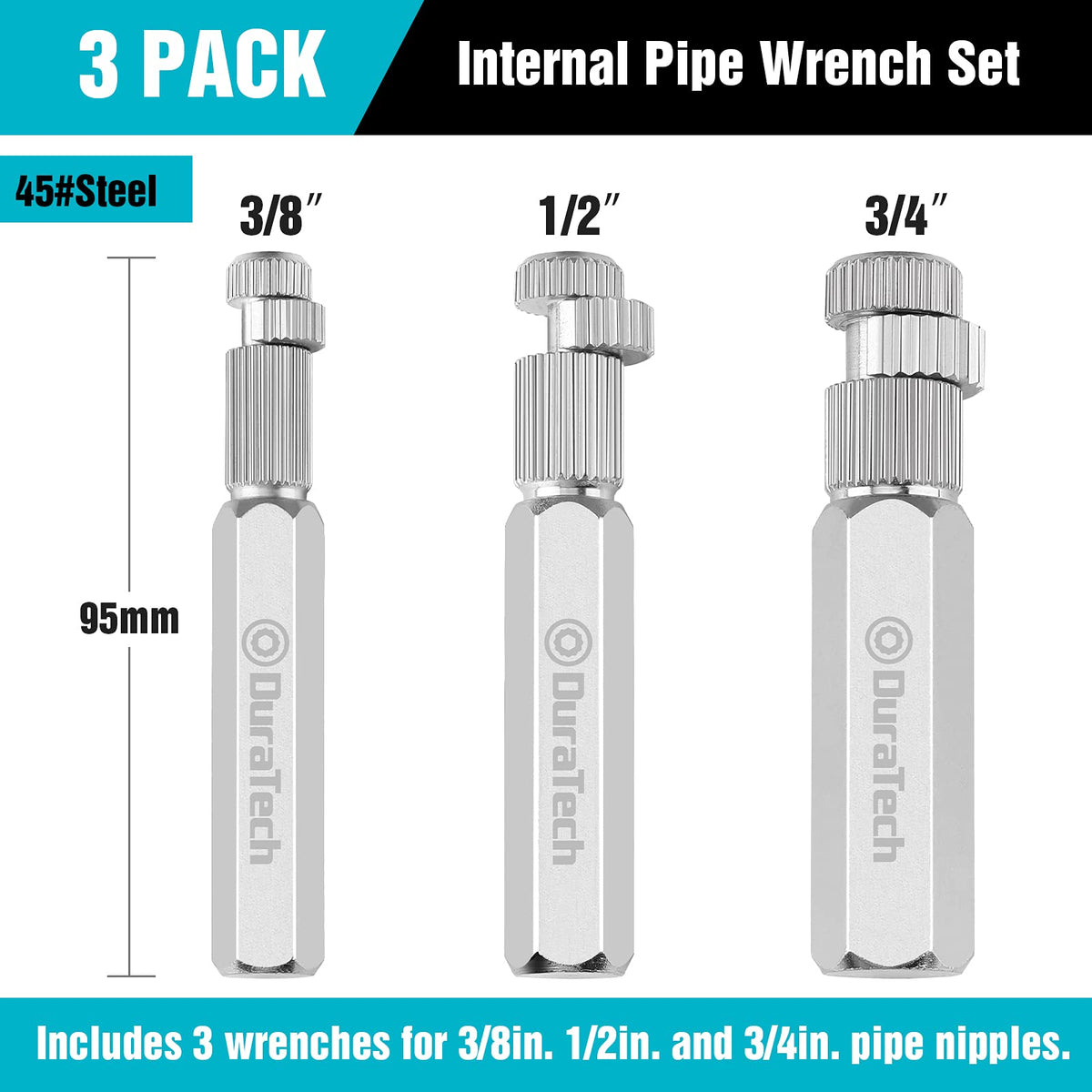 DURATECH internal pipe wrench set for 1/2-inch nipples, firm cam grip for secure pulls.