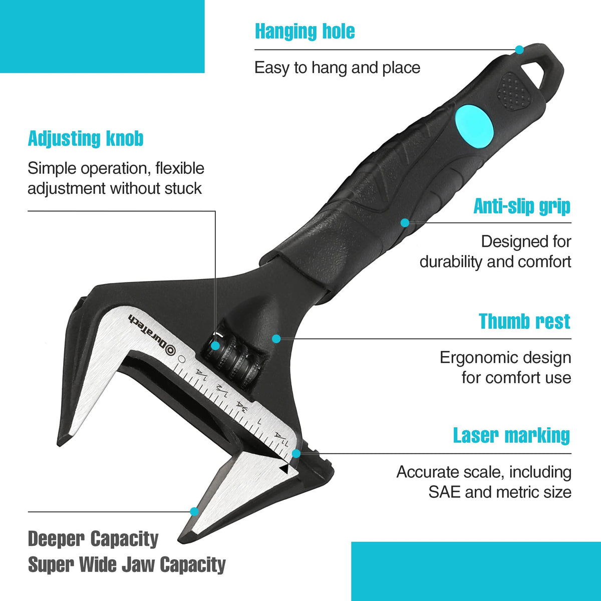DURATECH laser-marked wrench shows precise SAE and Metric scales for exact fits.