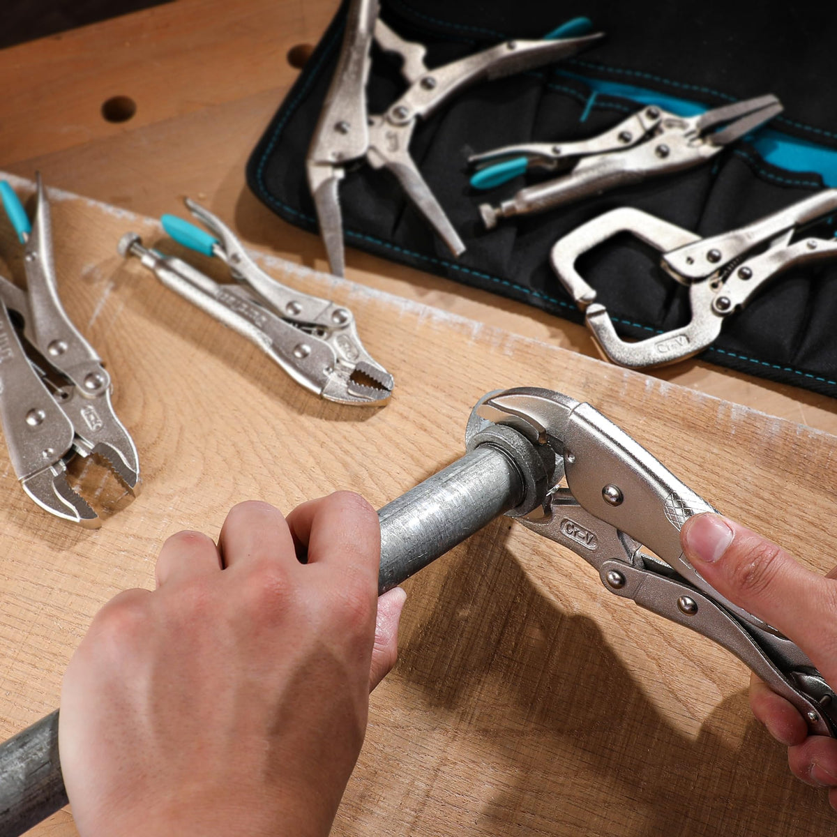 Duratech long-nose locking pliers 9-1/2 in reach for tight spots.