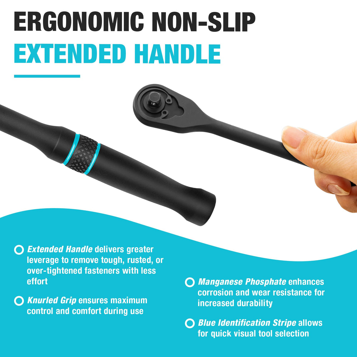 Duratech extended handle reaches cramped spots without losing torque.