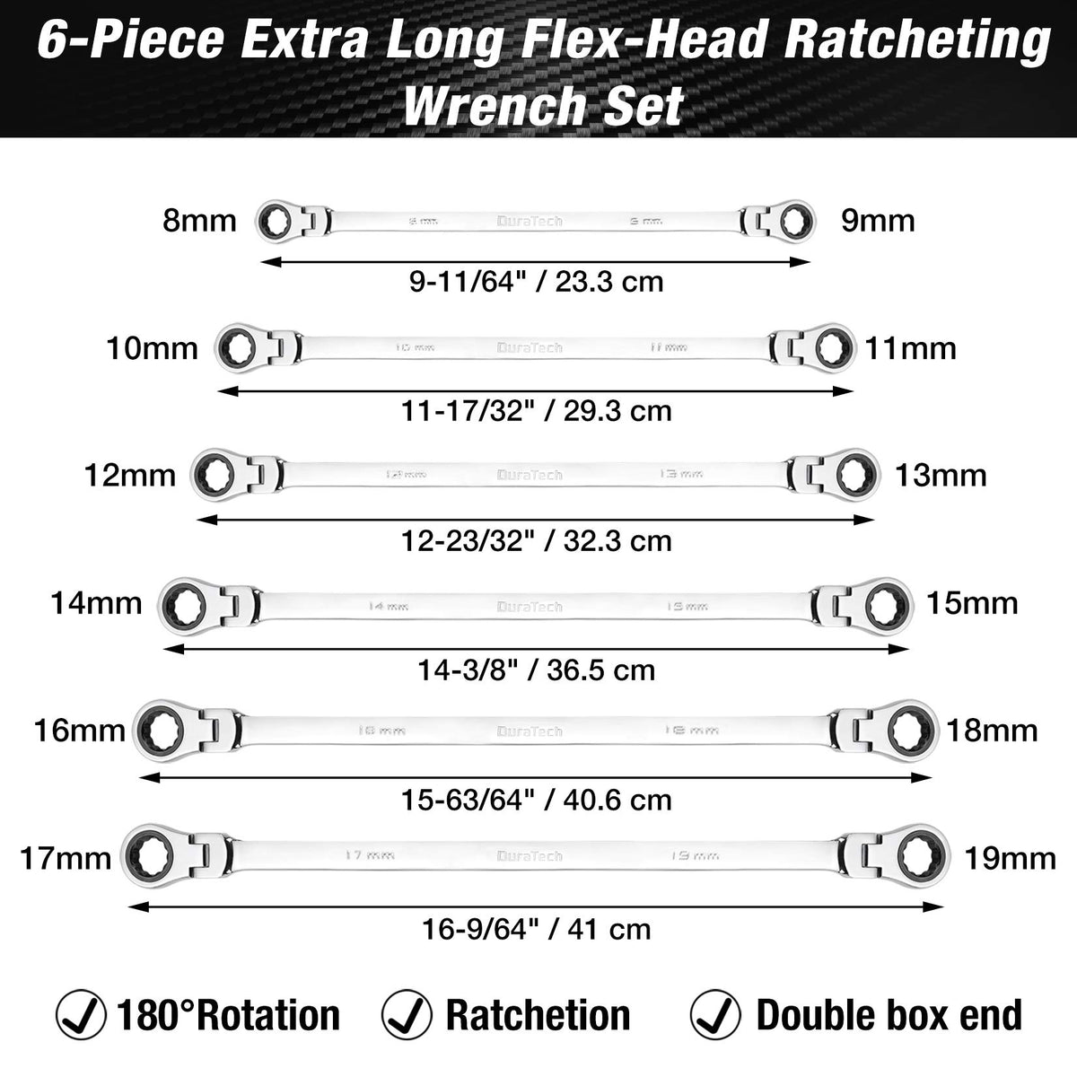 DURATECH six-piece metric wrenches 8x9 to 17x19 for versatile repairs.