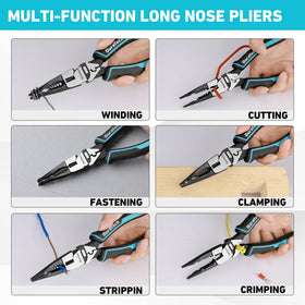 DURATECH ergonomic grip on needle-nose pliers for comfortable one-handed use.