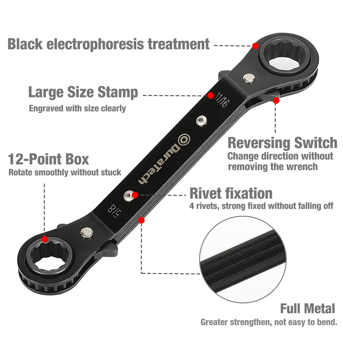Duratech 25-degree offset design improves reach in tight spots.