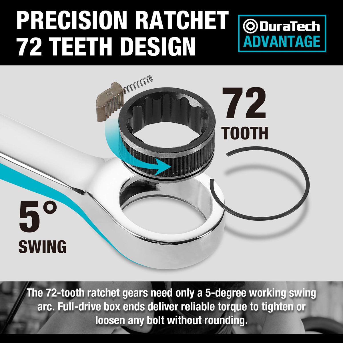 DURATECH combination wrenches with open and ratchet ends for fast repairs.