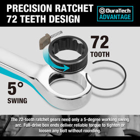 DURATECH combination wrenches with open and ratchet ends for fast repairs.