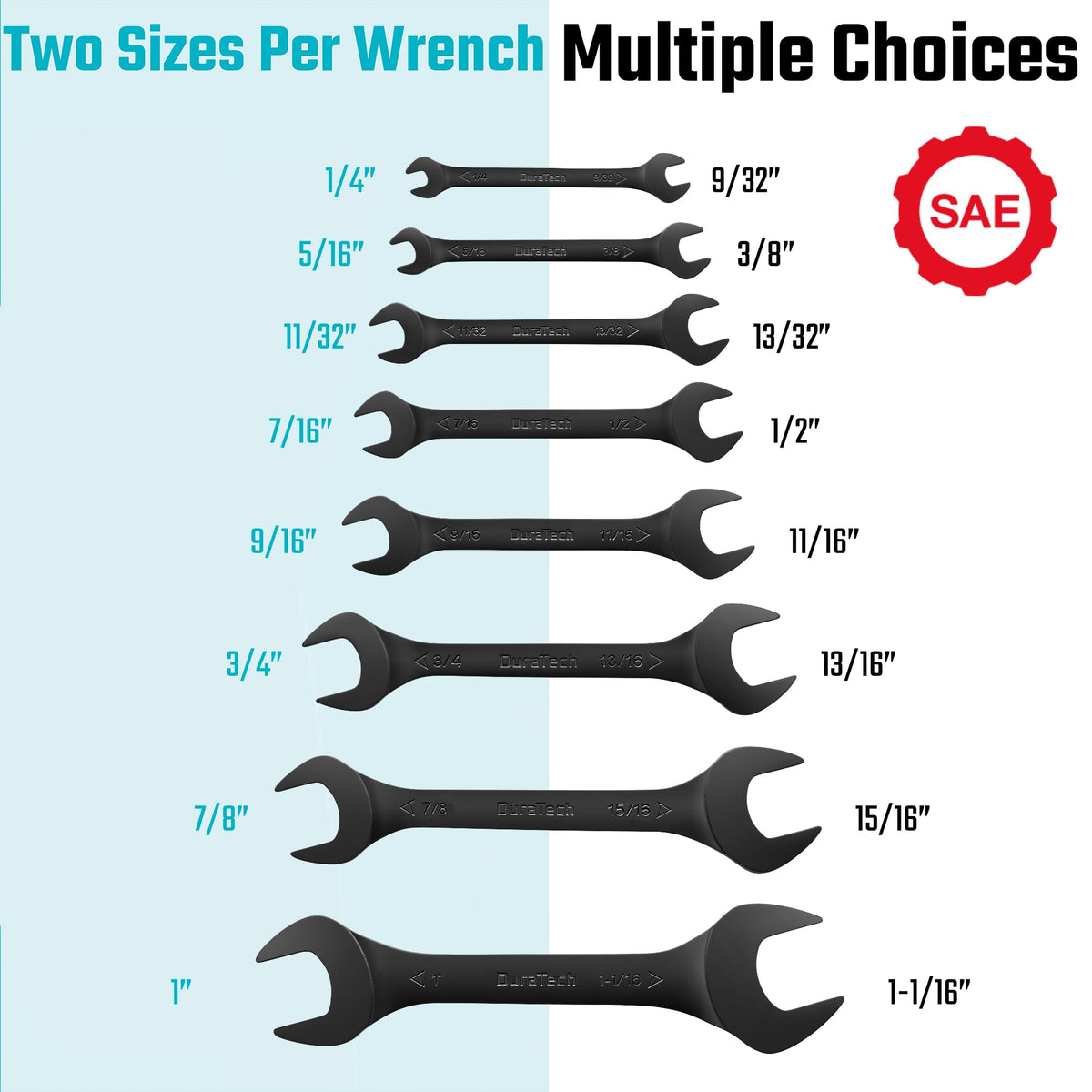 DURATECH open-end wrenches show double-sided size markings for quick identification.