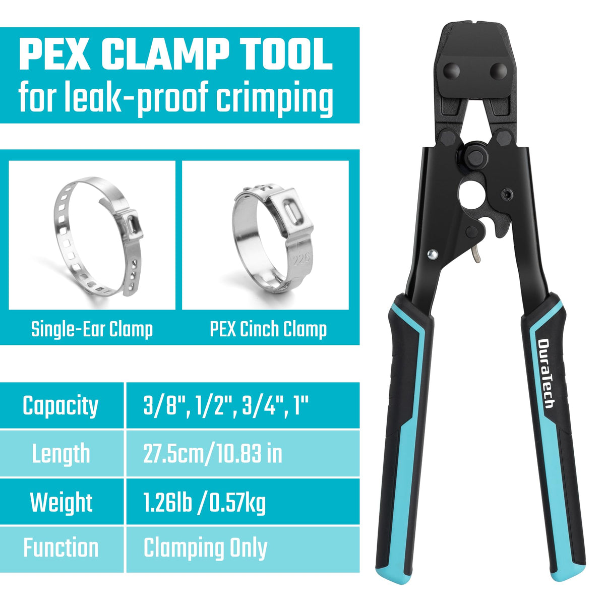 DURATECH PEX clamp cinch system demonstrates even, leak-free connections on stainless clamps.